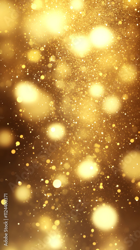 Abstract gold glitter texture and soft bokeh, background with golden glowing sparkles for New Year or Christmas Eve postcard with copy space for text, Shimmering gold background