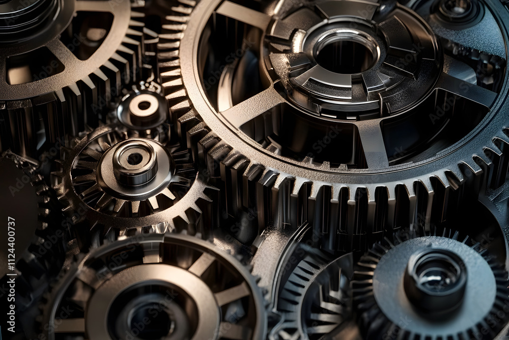 Close-up of interlocking metal gears representing teamwork and precision Close-up of interlocking metal gears representing teamwork and precision