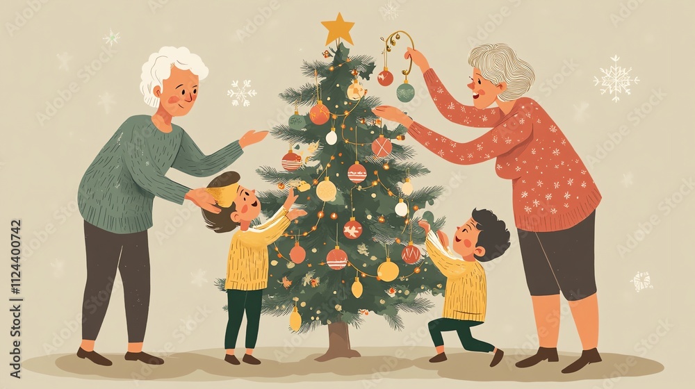 illustration cartoon Grandparents are decorating the Christmas tree with their grandchildren in the living room illustration cartoon Grandparents are decorating the Christmas tree with their grandchildren in the living room