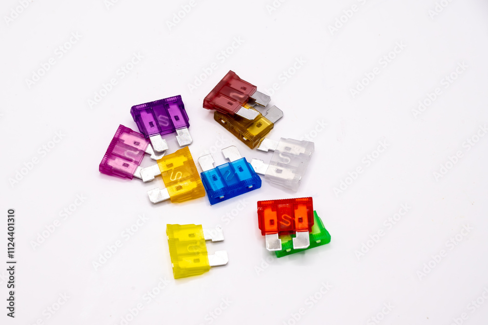 Obraz premium The images showcases a vibrant array of automotive fuses in various colors and amperages, arranged in a dynamic composition against a neutral background. 