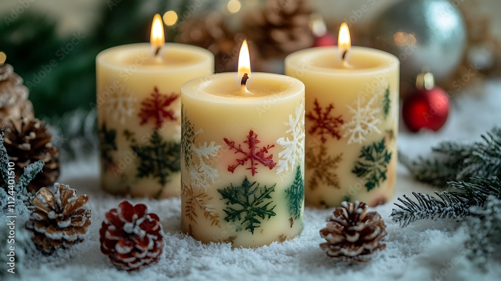 Three lit Christmas candles with snowflake designs, surrounded by pine cones and snow. Three lit Christmas candles with snowflake designs, surrounded by pine cones and snow.