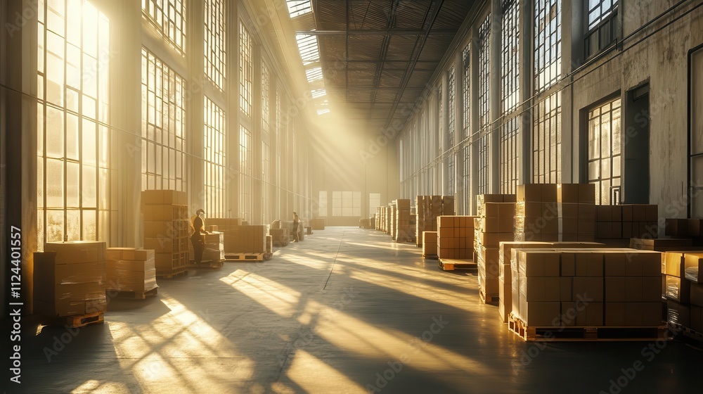 Fototapeta premium A serene packaging area where workers handle goods manually, sunlight streaming through high warehouse windows