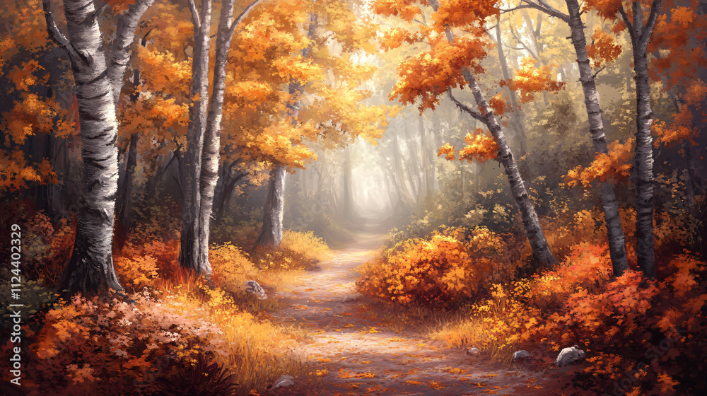 Obraz premium A cozy autumn hike through a forest, with mist gently rising from the ground, creating a mystical atmosphere.