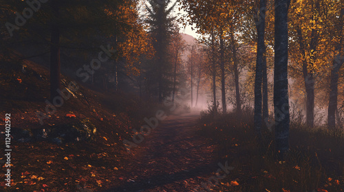 A cozy autumn hike through a forest, with mist gently rising from the ground, creating a mystical atmosphere.