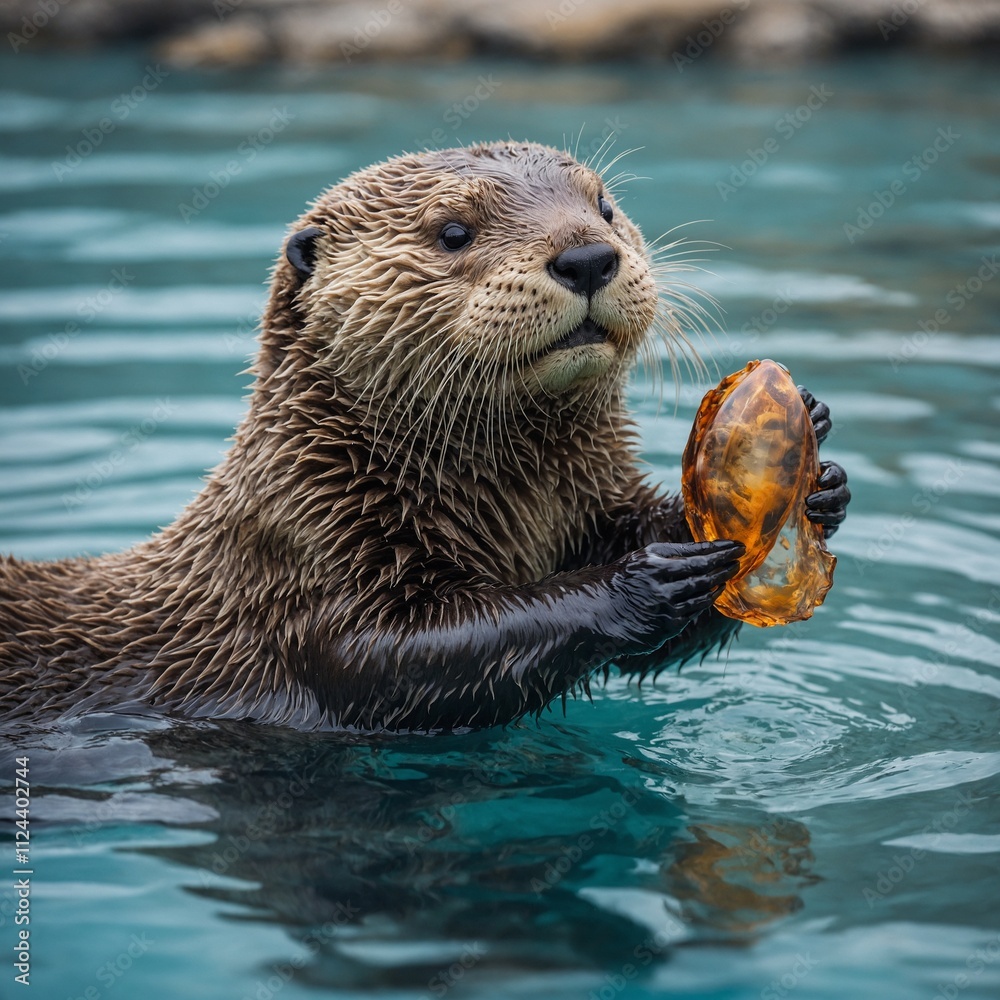 A playful sea otter holding a shiny shell in a transparent lagoon. A playful sea otter holding a shiny shell in a transparent lagoon.