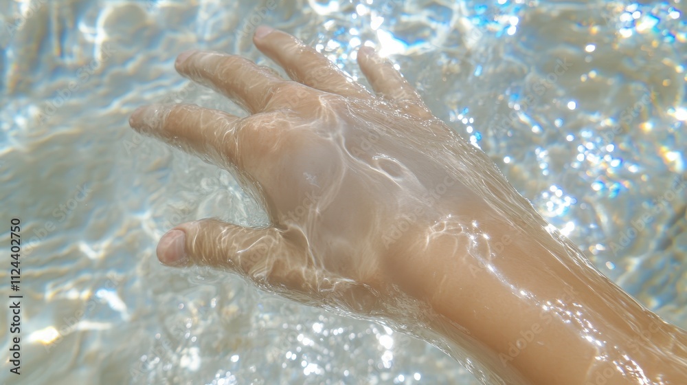 Fototapeta premium Hand in Water Sunlit Clear Sparkling Summer Ocean Beach Skin Texture Refreshing Pure Tranquil