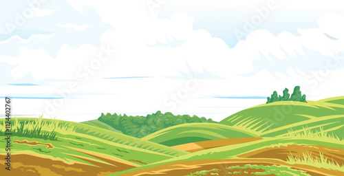 Rolling green hills with a blue sky and white clouds.