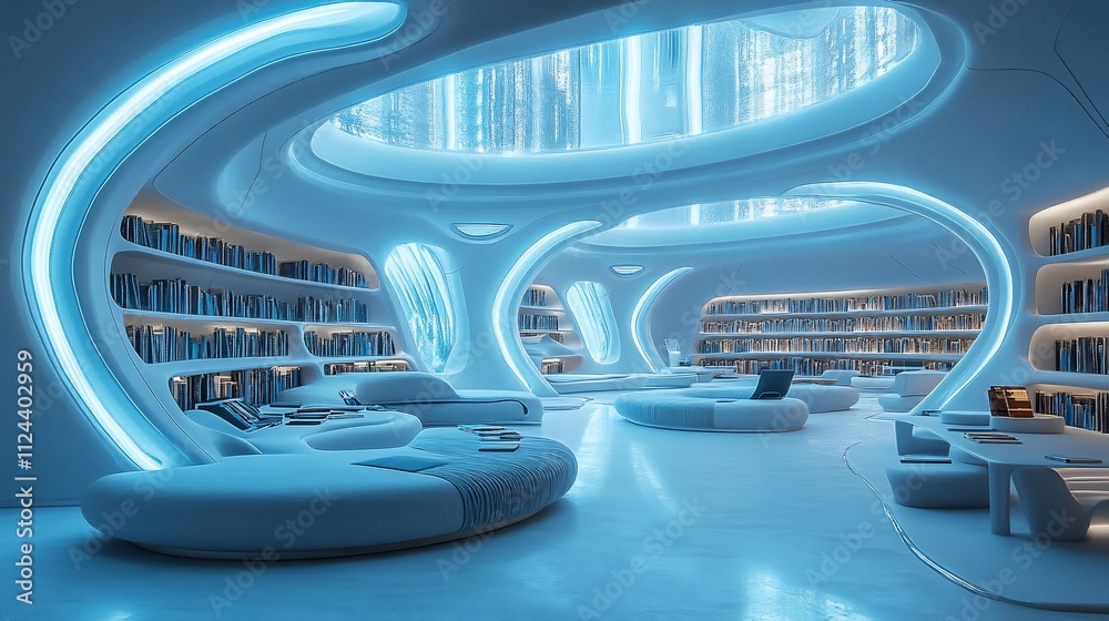 Futuristic library interior with glowing blue curves, bookshelves, and comfortable seating. Futuristic library interior with glowing blue curves, bookshelves, and comfortable seating.