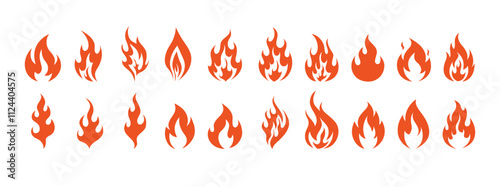 Fire symbols isolated icon flat set on white background. Blaze silhouette element