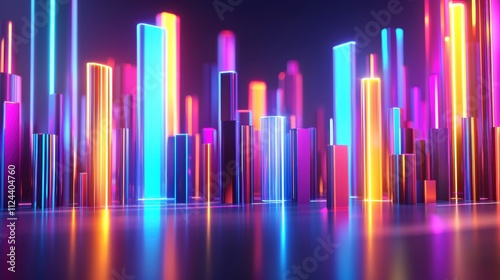 Vibrant Neon Cityscape with Abstract Light Pillars at Night