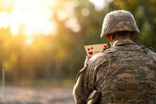 Valentine's Day concept, Soldier Reading a Valentine's Card in Rear View Against a Soft Sunset Background