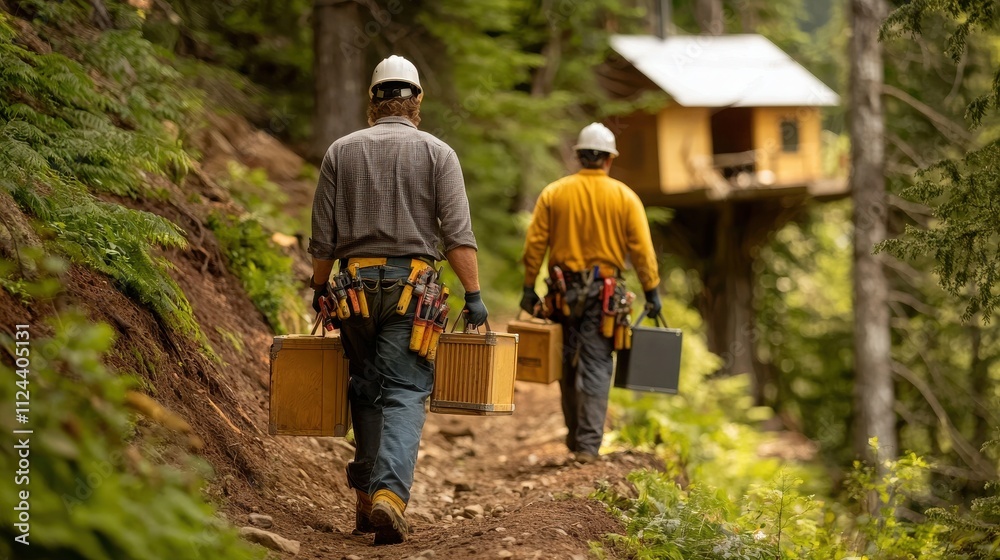 Workers Walking on Forest Trail Carrying Supplies Towards a Cabin in Nature Workers Walking on Forest Trail Carrying Supplies Towards a Cabin in Nature