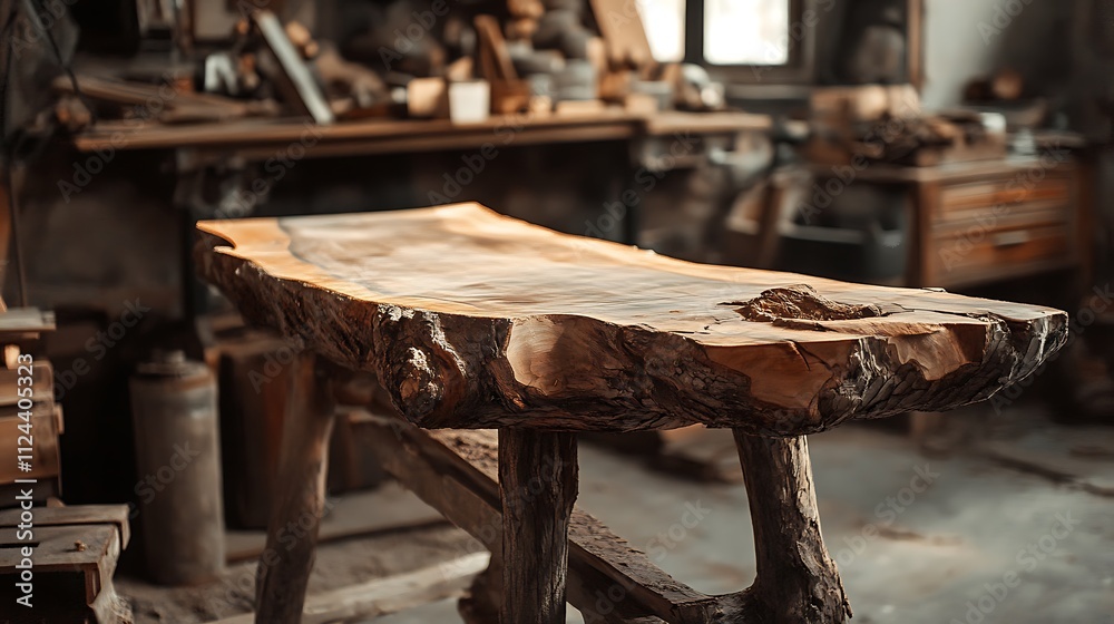 Rustic live-edge wood slab table in workshop. Rustic live-edge wood slab table in workshop.