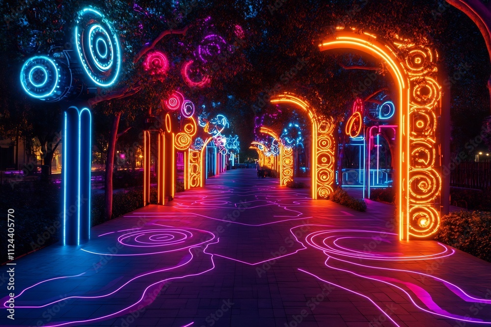 Neon Lit Futuristic Park Alive with Rhythmic Patterns and Pulsing Lights Neon Lit Futuristic Park Alive with Rhythmic Patterns and Pulsing Lights