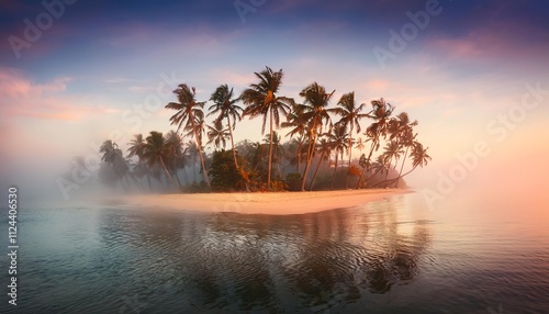 Fog covering tropical island with palm trees at sunset photo