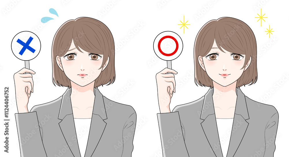丸/バツの札を持つスーツの女性　会社員/ビジネス/会社/社員/仕事