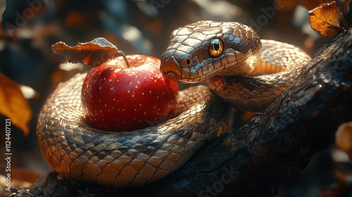 Creation Narrative of Original Sin with Snake and Apple in Garden of Eden photo