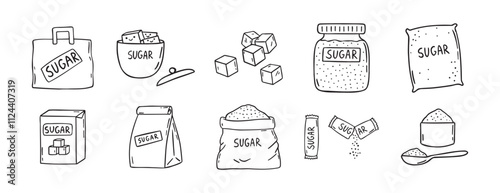 sugar doodle hand drawn icon set. Outline drawing sugar packaging, sugar cubes line clipart symbol collection