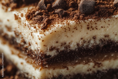 detail view of a layered an Italian tiramisu cake, showcasing its soft texture and delicate chocolate crumble topping. The style is indulgent and inviting, with warm brown hues