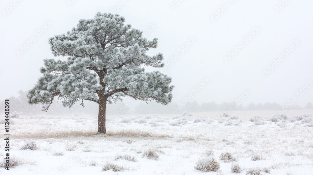 Snow-covered tree in a serene winter landscape 