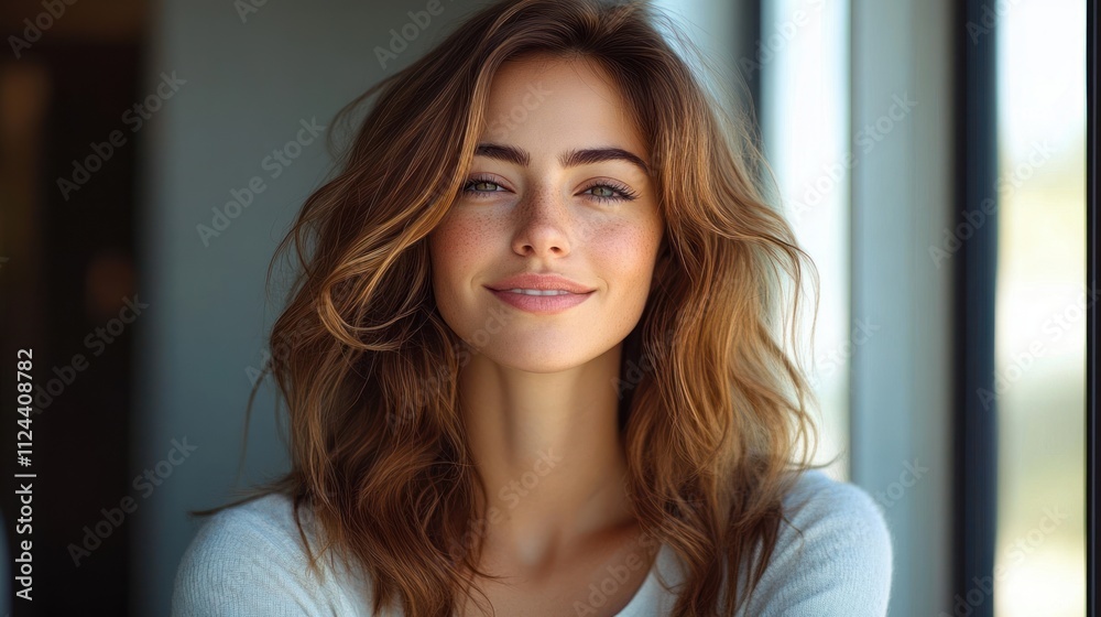 Confident Smiling Woman with Long Wavy Hair in Natural Light Indoor Portrait Confident Smiling Woman with Long Wavy Hair in Natural Light Indoor Portrait