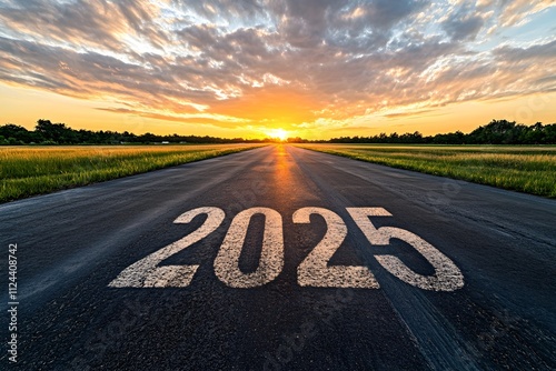 a wide-angle view of an asphalt road with the numbers "2025" painted boldly in the center, stretching toward a glowing horizon at sunset, symbolizing forward movement and aspirations.