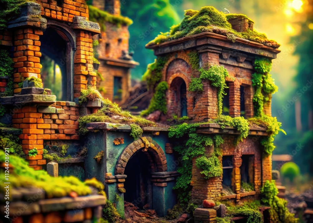 Fototapeta premium Cartoon Ruin Building Macro Photography: Detailed Close-up of Crumbling Brickwork & Decaying Architecture