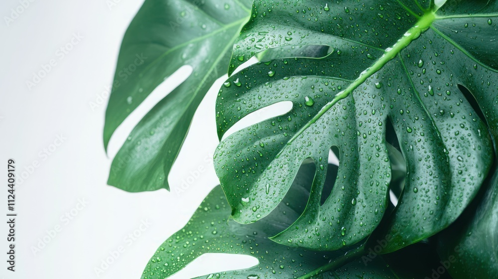 Close-up of a green monstera leaf with water droplets. Close-up of a green monstera leaf with water droplets.