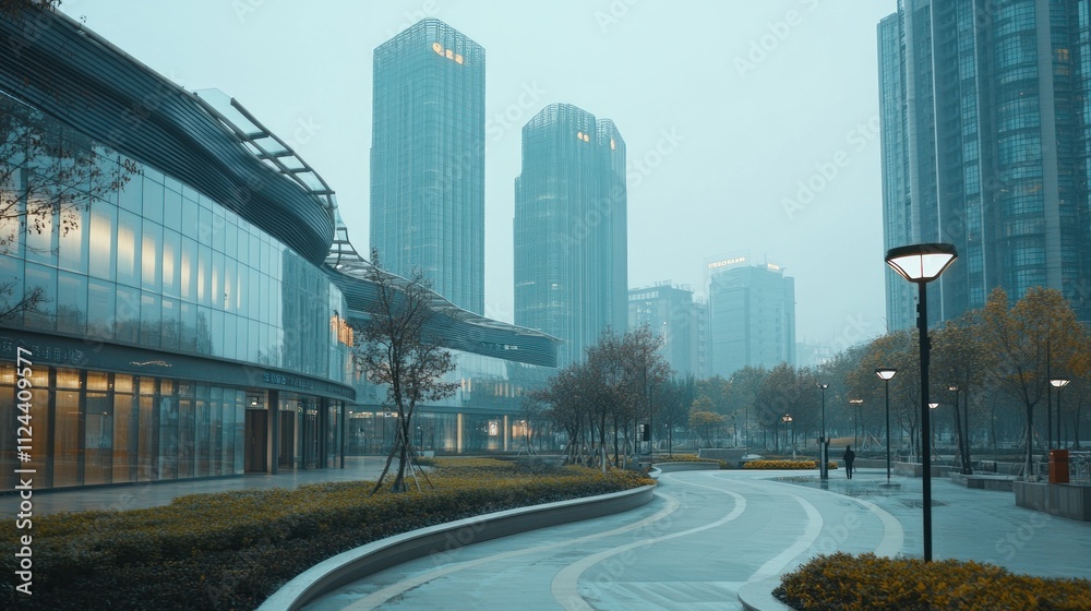 Modern city street scene at dawn, showcasing sleek architecture, pedestrian path, and hazy sky. Modern city street scene at dawn, showcasing sleek architecture, pedestrian path, and hazy sky.