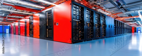 Sleek Data Center Interior with Colorful Server Racks and Modern Technology Setup