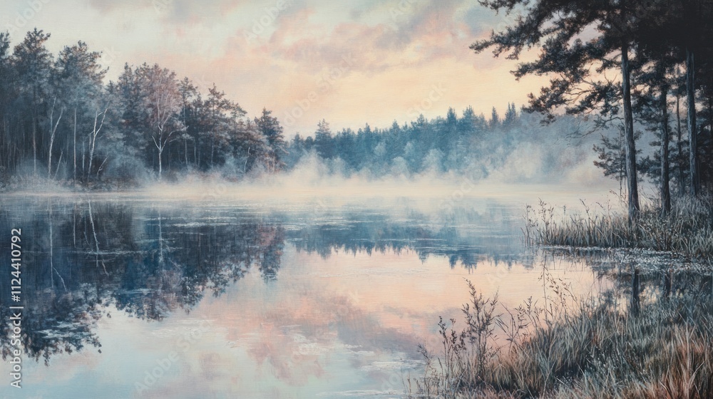 Fototapeta premium Misty Morning Lake Reflection in the Forest