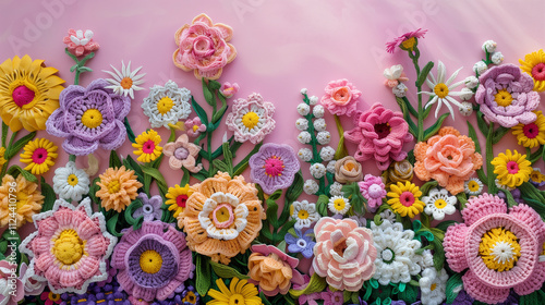 Intricate handmade crochet flowers arranged on a pastel pink background