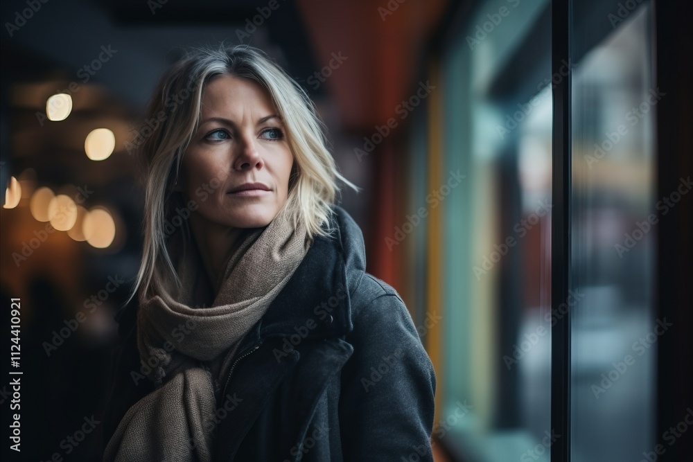 Portrait of a sad woman in a coat and scarf looking out the window Portrait of a sad woman in a coat and scarf looking out the window