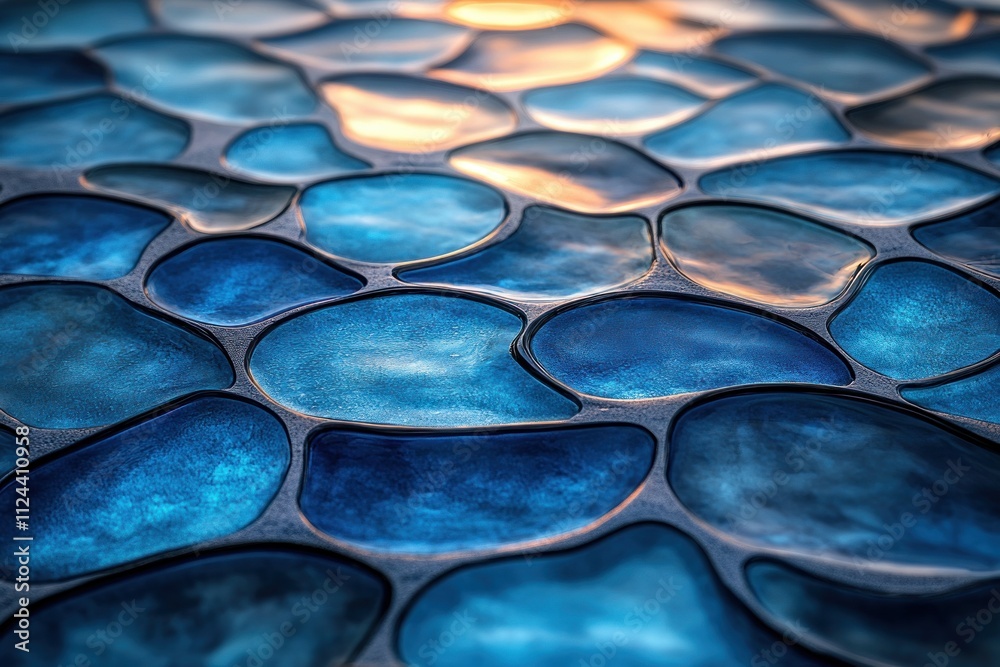 Fototapeta premium Ceramic Tile Mosaic Pattern Close-up Glossy Blue Reflections Contemporary Abstract Art
