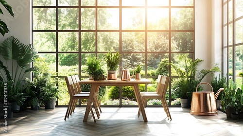 Sunlit dining room with large window, wooden table, chairs, and lush indoor plants.