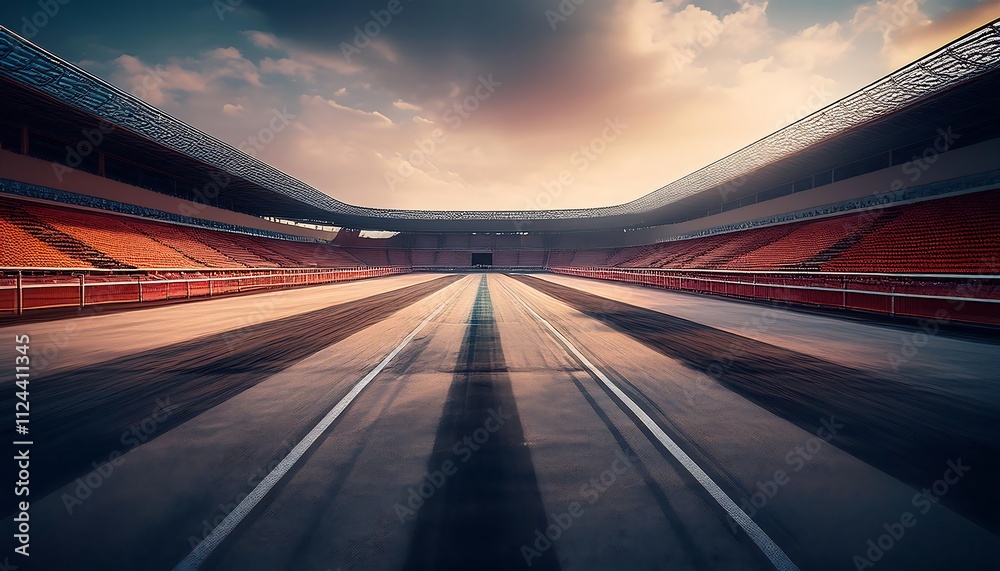 Obraz premium Empty stadium with a track under dramatic lighting.