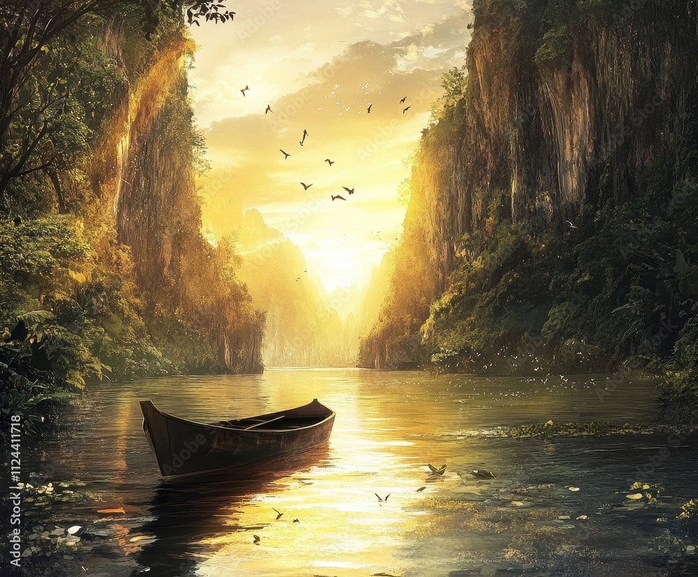 Fototapeta premium Serene Sunset on a Calm River: A Lone Boat Navigates Golden Cliffs and Tranquil Waters