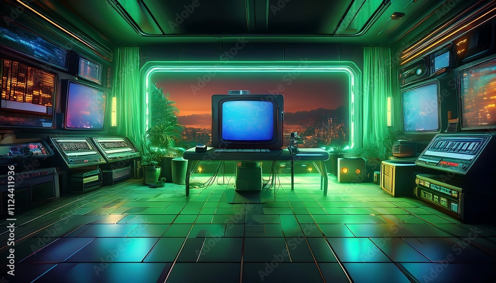Futuristic room with neon lights and retro TV. Futuristic room with neon lights and retro TV.
