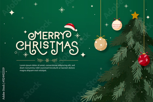 Christmas background with pine tree ornament ball decoration and merry Christmas message, vector design
