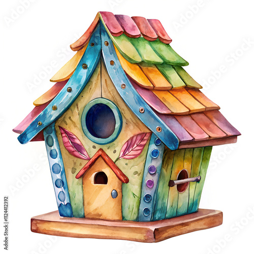 Colorful Whimsical Birdhouse Illustration with Leaf and Dot Details photo