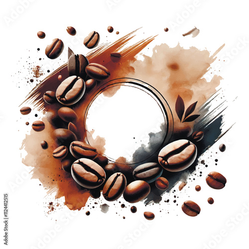 Modern hand drawn circle frame with coffee beans, watercolor grunge brush strokes, stains, spots. Blank space. Place for text. Isolated trendy coffee beans design on white background.