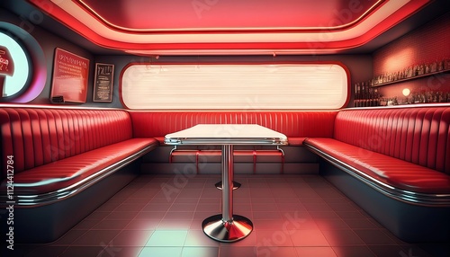 Retro diner interior with red seating and booth.