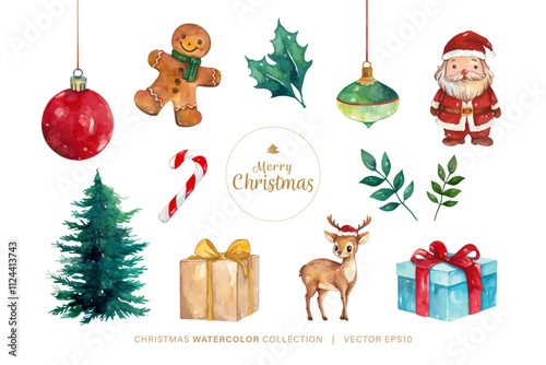 Christmas element watercolor painting collection set, including reindeer, santa, hanging ornament balls, pine tree, gift boxes and gingerbread man