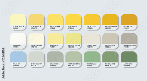 Arctic Poppy (Arctic regions) Flower Color Palette, Arctic Poppy Flower Color Guide Palette with Color Names. Catalog Samples of Papaver radicatum colors with RGB HEX code. Fashion Trend yellow color photo