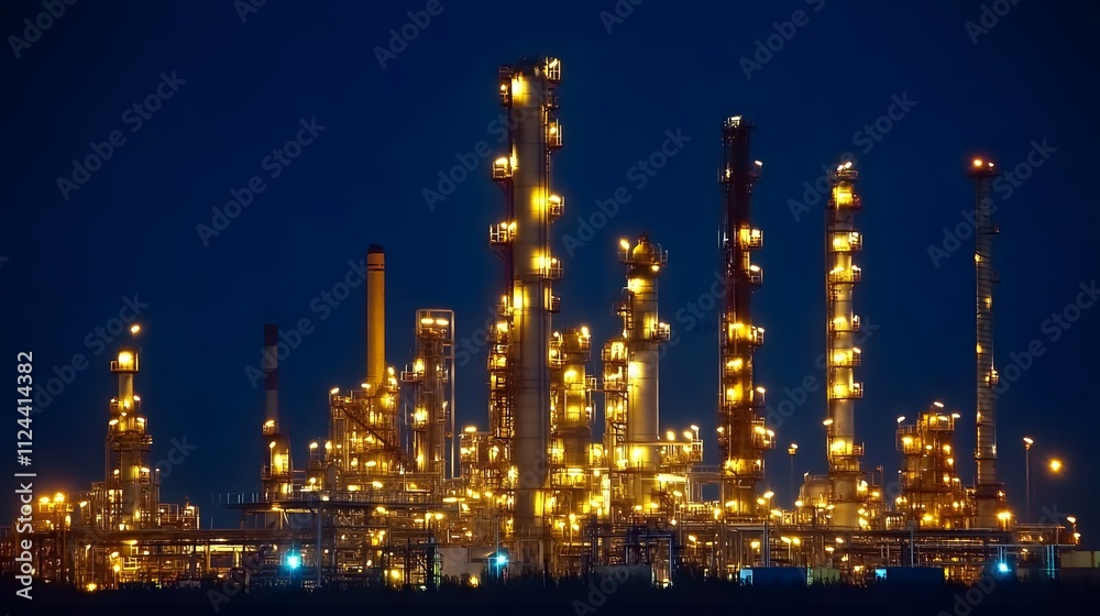 A large industrial plant with many tall buildings lit up at night. Scene is industrial and somewhat ominous A large industrial plant with many tall buildings lit up at night. Scene is industrial and somewhat ominous