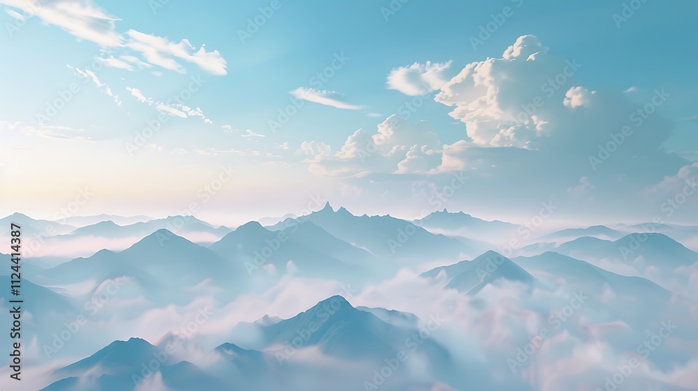 Fototapeta premium A misty morning in the mountains with clouds softly hugging the peaks.
