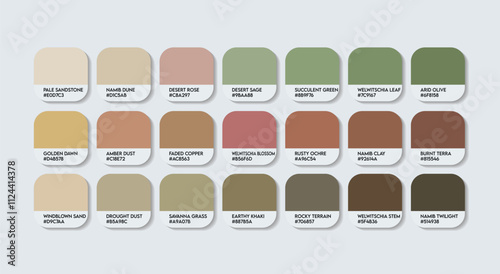 Welwitschia Flower (Namibia) Flower Color Palette, Welwitschia mirabilis Flower Color Guide Palette with Color Names. Catalog Samples of Welwitschia colors with RGB HEX code. Fashion Trend brick color
