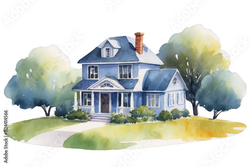 House on isolated, watercolor illustration, cute cartoon house hand drawing painted in watercolor, Generative AI