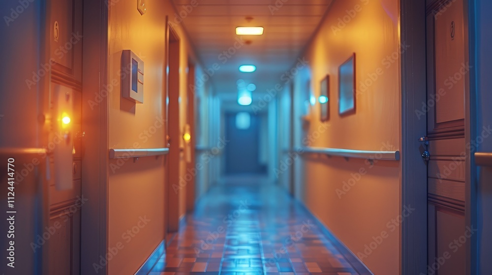 Long dimly lit corridor with doors and wall lights. Long dimly lit corridor with doors and wall lights.