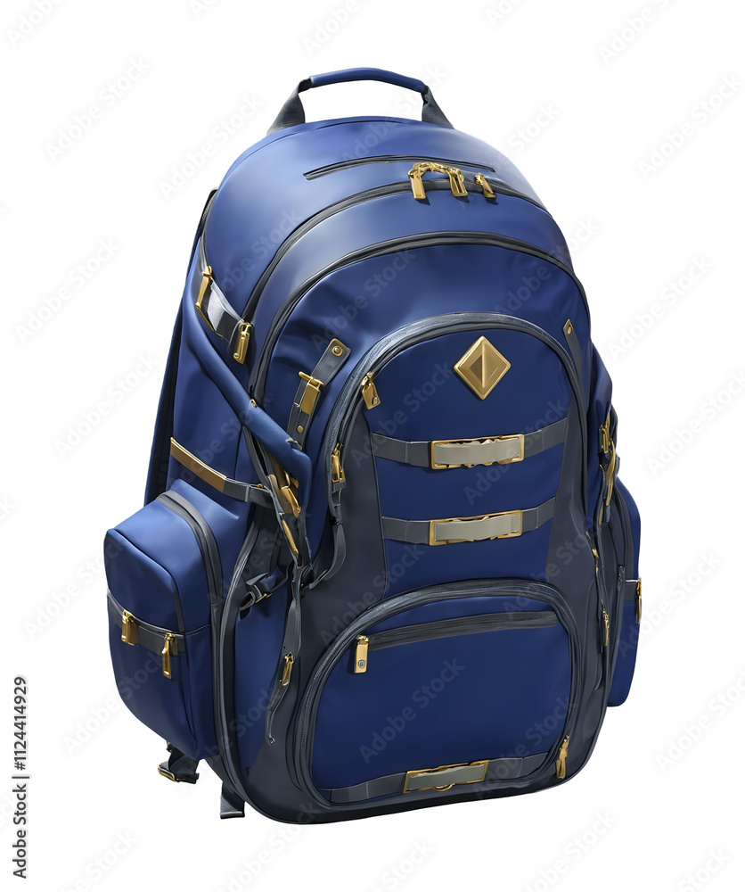 Naklejka premium High-quality image of a hiking backpack with multiple compartments, straps, and ergonomic design, isolated on a transparent background. Ideal for outdoor, travel, and adventure projects.